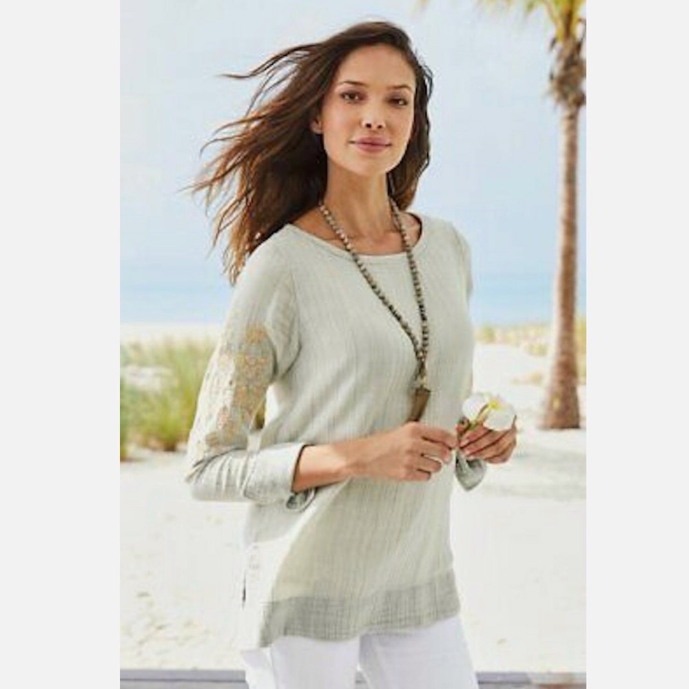 Soft Surroundings Charlotte Top pale grey embroidered womens size XL